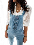 Stunncal Sassy Sweetheart Ruffle Button Down Denim Overalls