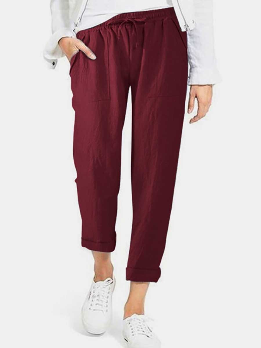 Stunncal Drawstring High Waist Pocket Loose Large Size Cotton Linen Casual Pants