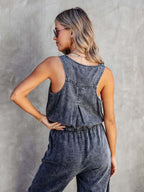 Stunncal Drawstring Waist Distressed Denim Tank Jumpsuit