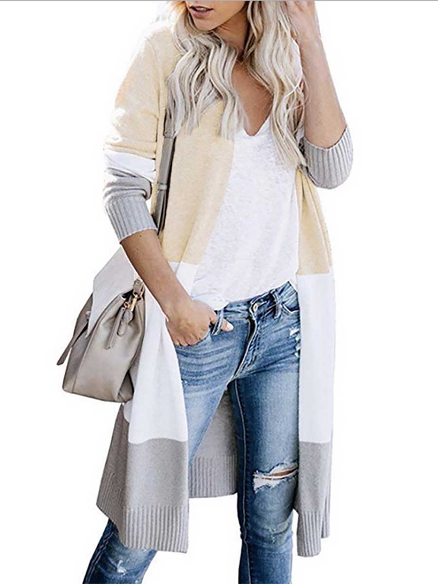 Stunncal Knit Sweater Tricolor Stripe Patchwork Long Sweater Cardigan