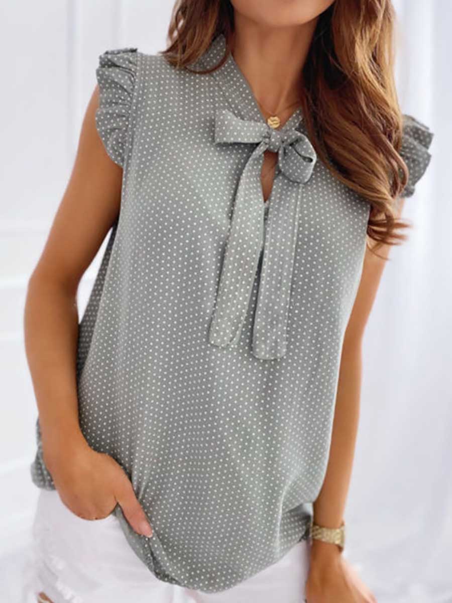 Stunncal Polka Dot Bow Neck Sleeveless Blouse Top