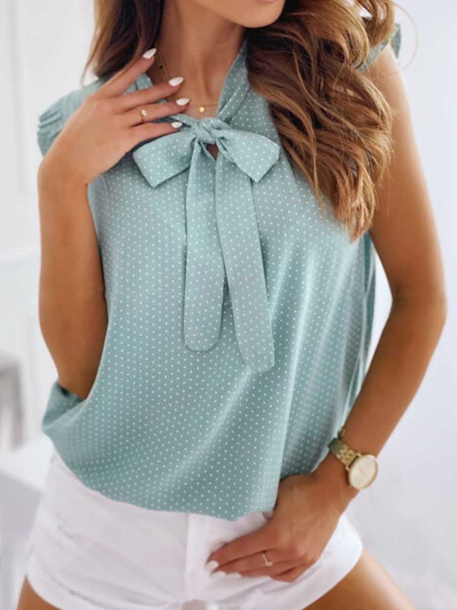 Stunncal Polka Dot Bow Neck Sleeveless Blouse Top
