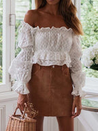 Stunncal Sexy Slim Cotton Embroidery One Shoulder Long Sleeve Shirt