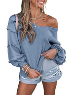 Stunncal Waffle V-Neck Ruffle Lantern Sleeve Top