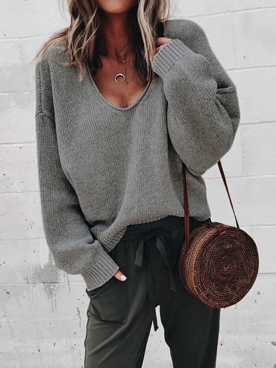 Stunncal V-neck long sleeve sweater knit