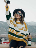 Stunncal Striped Patchwork Colorblock Crew Neck Sweater