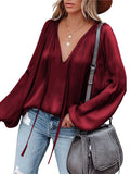 Stunncal Satin Lantern Sleeve V-Neck Tie Top