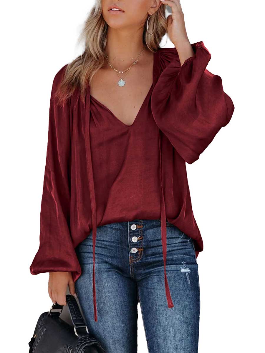 Stunncal Satin Lantern Sleeve V-Neck Tie Top