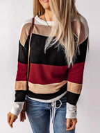 Stunncal Drawstring Sweater Crew Neck Striped Pullover