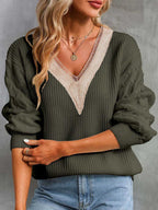 Stunncal Sexy Lace V-Neck Drop Shoulder Sweater