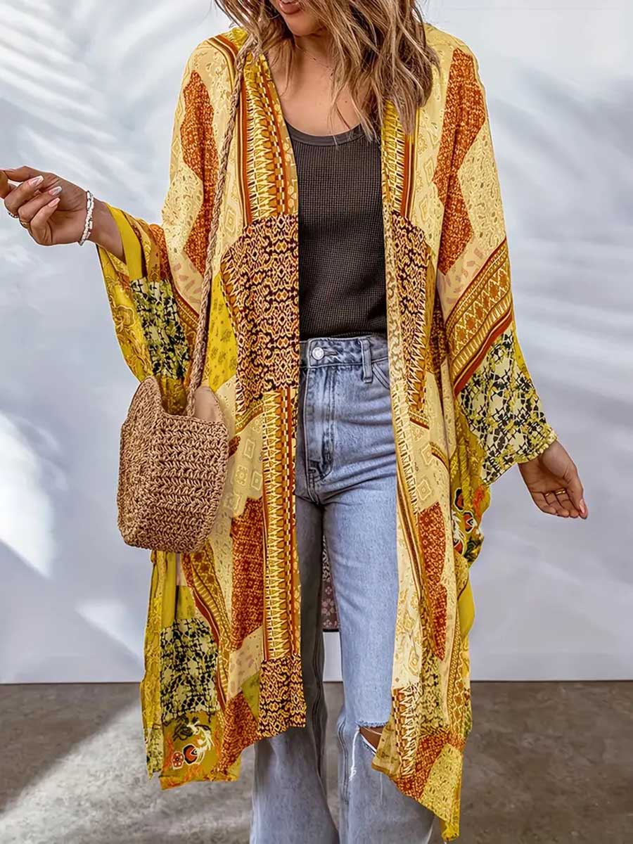 Stunncal Plus Size Printed Bat Sleeve Cardigan