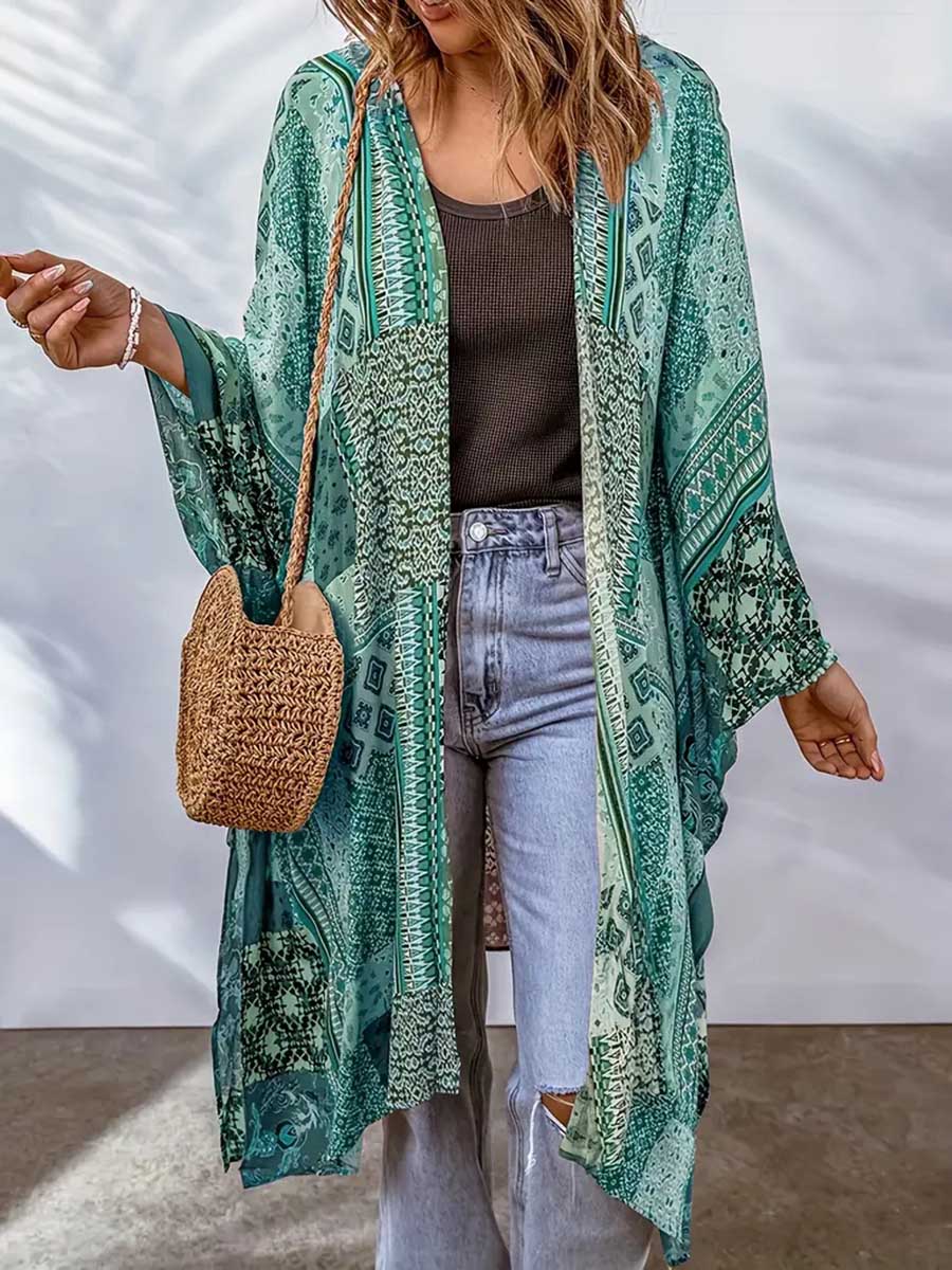 Stunncal Plus Size Printed Bat Sleeve Cardigan