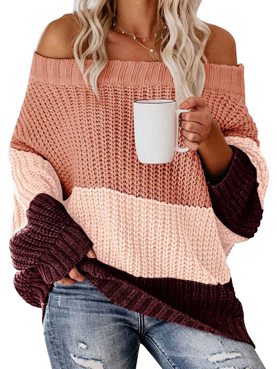 Stunncal One-line Collar Loose Patchwork Color Sweater