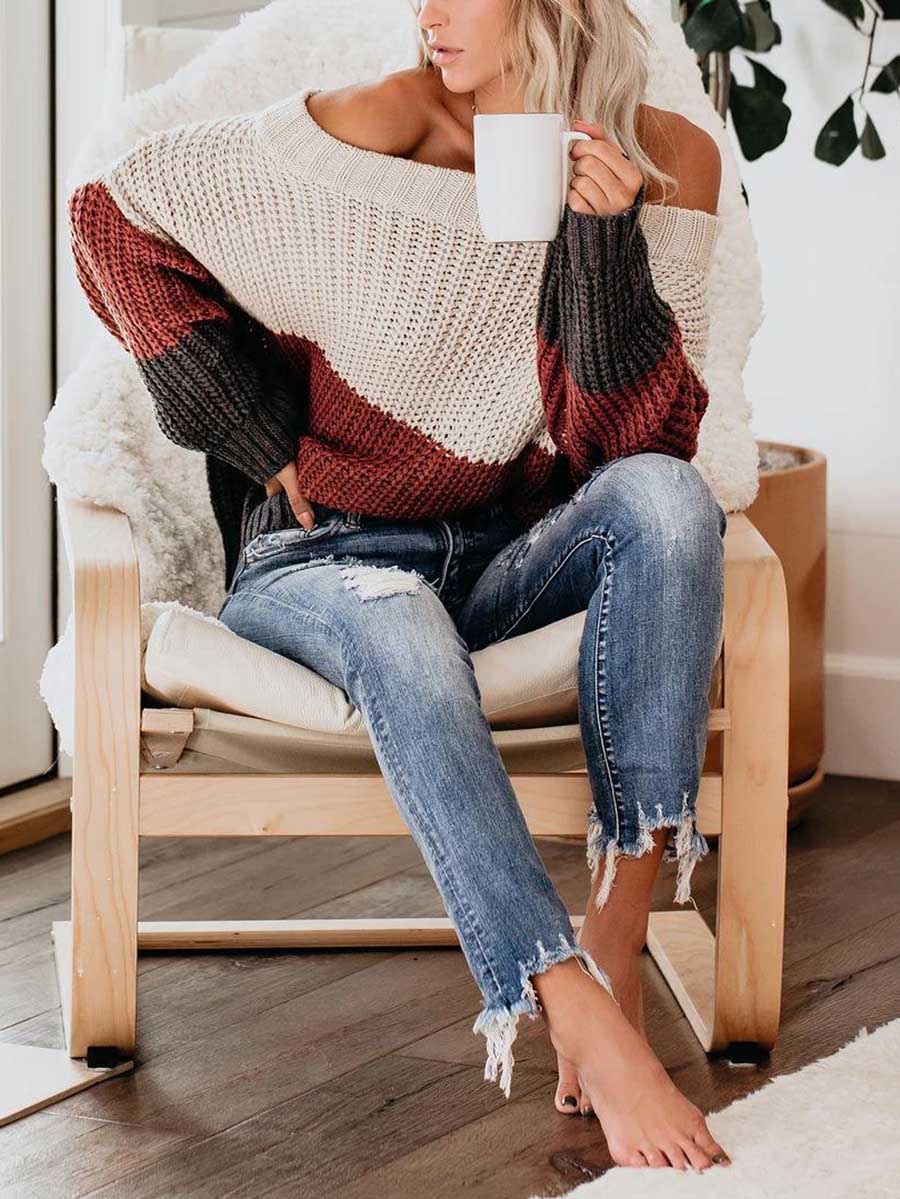 Stunncal One-line Collar Loose Patchwork Color Sweater
