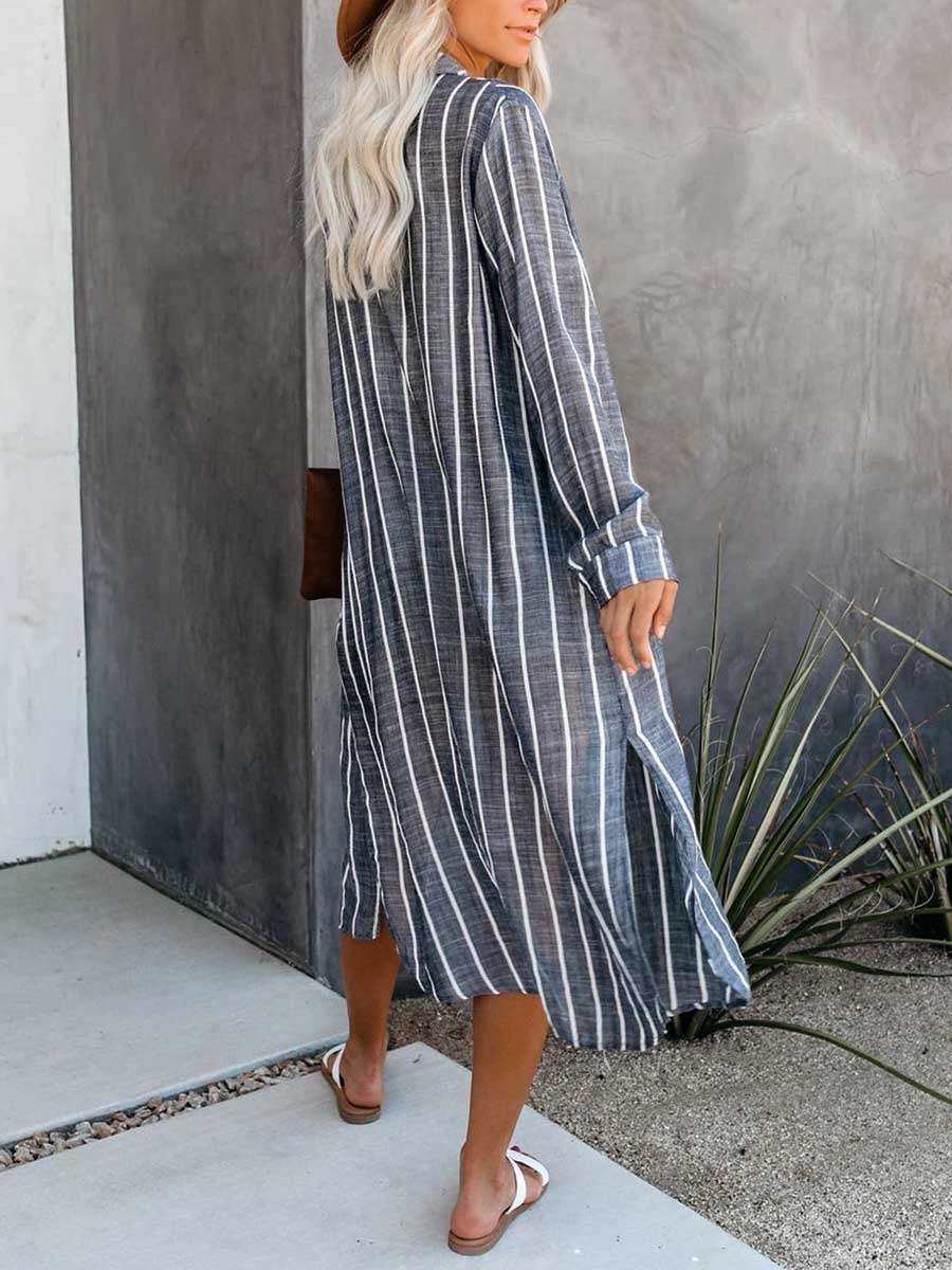 Stunncal Long Sleeve Knee Length Lapel Striped Shirt