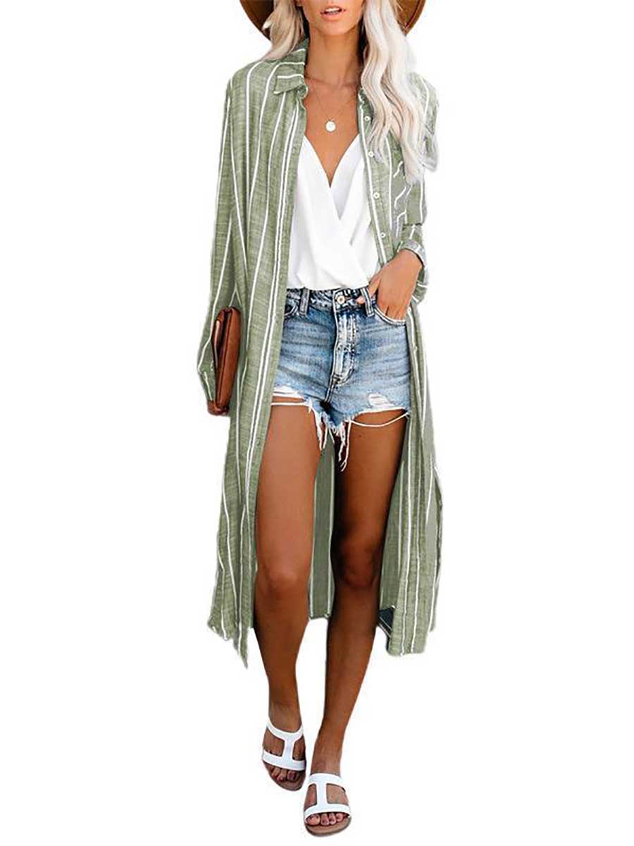 Stunncal Long Sleeve Knee Length Lapel Striped Shirt