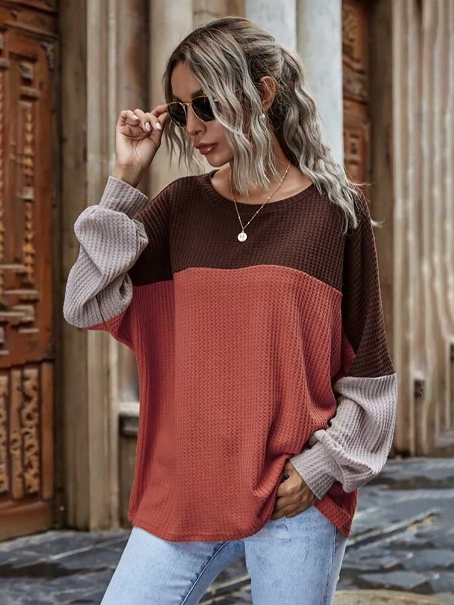 Stunncal Colorblocked Waffle Long Sleeve Casual Top