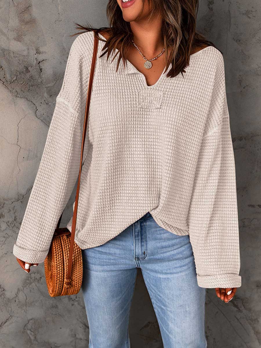 Stunncal Waffle Knit Long Sleeve V-Neck Sweater