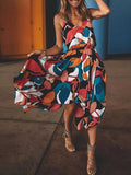 Stunncal Spaghetti Straps Printed Multicolor Midi Dress