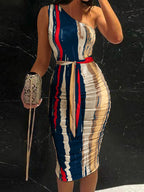 Stunncal Abstract Print One Shoulder Ruched Bodycon Dress