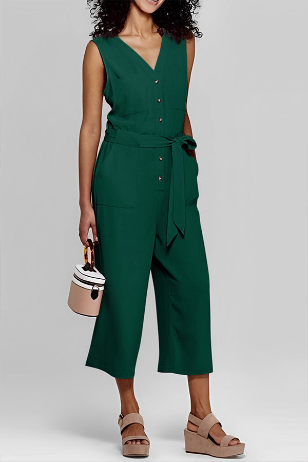 Stunncal Buttoned Sleeveless Cropped Jumpsuit With Sash