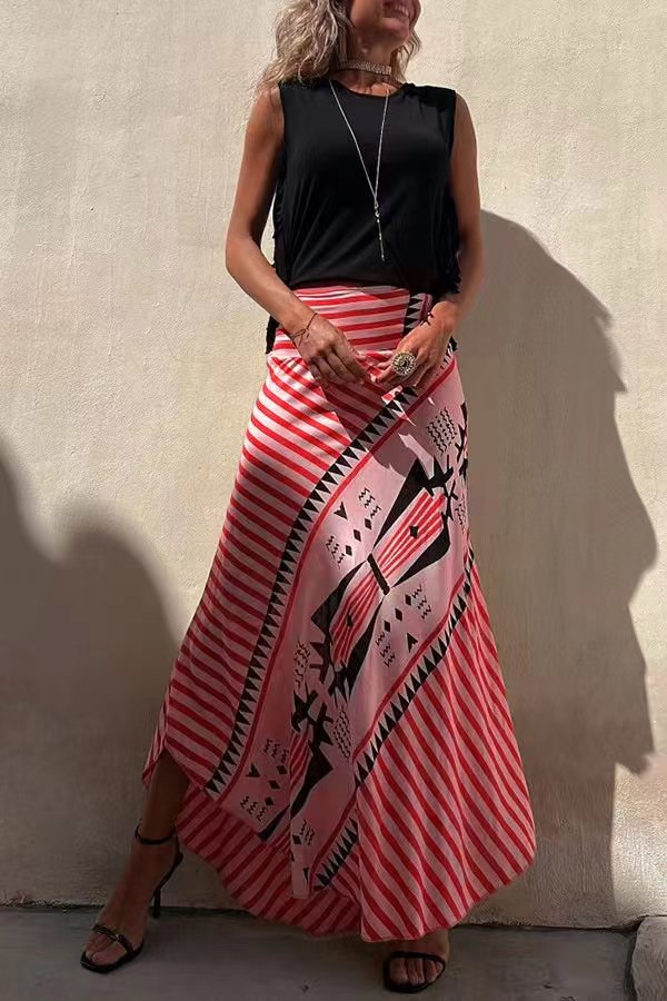 Stunncal Eva Satin Geometric Print Elastic Waist Maxi Skirt