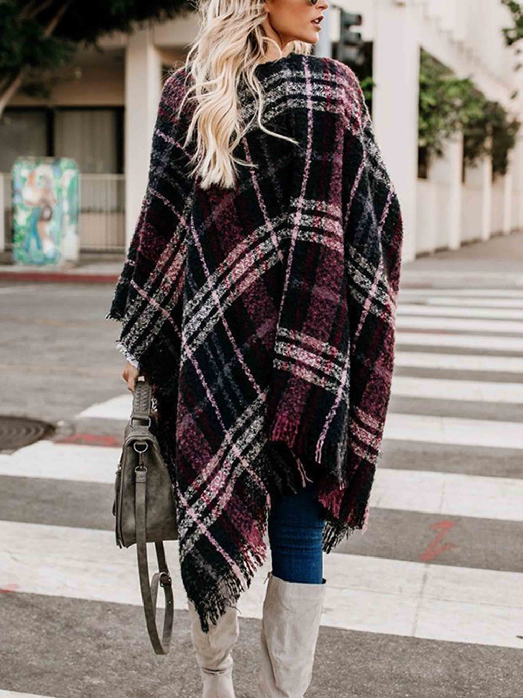 Stunncal Plaid Fringed Knit Shawl Coat