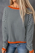 Stunncal Striped Color Contrast Dropped Shoulder Long Sleeve Top